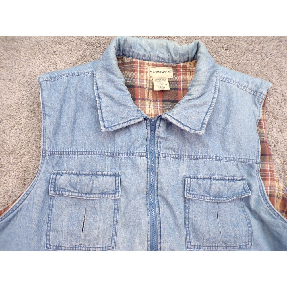 Scandia Woods Vest Mens 2XL Blue Denim Plaid Lined Utility Zip Pockets Workwear - Picture 2 of 9